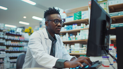Focused pharmacist working on a computer in a modern pharmacy