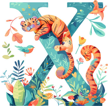 Alphabet letter X with Animals