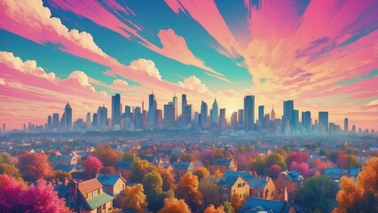 Wall Mural - Beautiful panoramic illustration of amazing cityscape on the background of sunset
