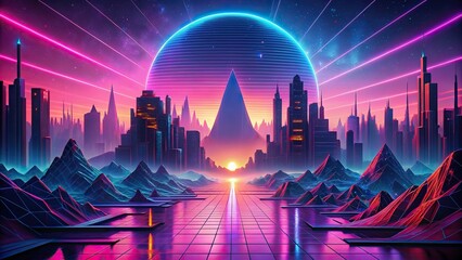 Futuristic synthwave cyberpunk landscape with neon pink and purple colors, retro, synthwave, cyberpunk, futuristic, neon, pink, purple, cityscape, technology, digital, night, urban, lights