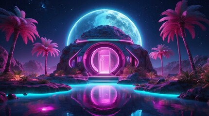 Wall Mural - fantasy island in a futuristic nighttime setting, bathed in moonlight and neon lights, with a neon b