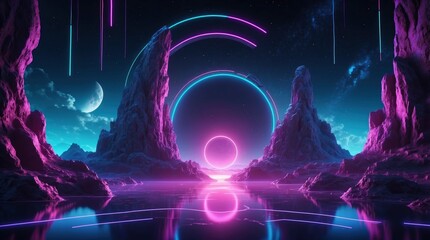 Wall Mural - futuristic fantasy nighttime scene with an abstract island, moonlight, and neon lights. a galaxy doo