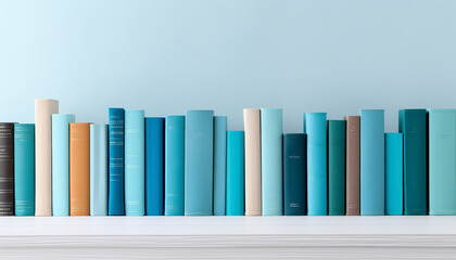 Wall Mural - A shelf full of books with a blue wall behind them