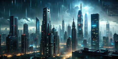 Dark, rainy cyberpunk cityscape with towering skyscrapers , cyberpunk, futuristic, dystopian, urban, rainfall, stormy, gloomy, cityscape, technology, neon, skyscrapers, raindrops, wet, overcast