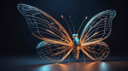 Wall Mural - High-tech digital butterfly illustration in a polygonal wireframe style, made of lines and points