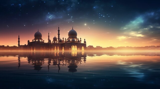 Ramadan Kareem religious background with mosque silhouettes reflected in serene sea, copy space, generative ai