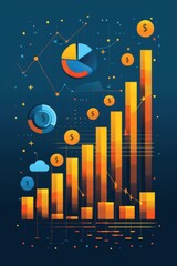 Poster - Financial Growth Concept - Vector Bar Graph and Icons on Blue Background