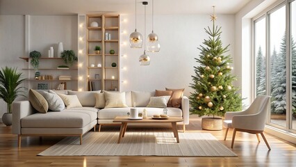 Minimalist living room with white and natural wood furniture, decorated with a Christmas tree and lights , modern, living room, white, natural wood, furniture, minimalist, design