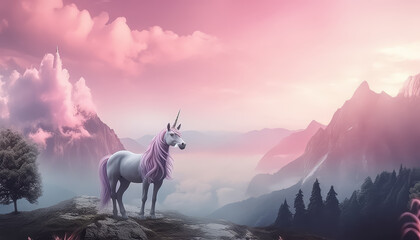 Wall Mural - A unicorn stands in a field of pink flowers