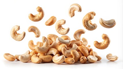 Wall Mural - Falling cashew nuts isolated on white background, cashew nuts, falling, isolated, white background, food, snack, healthy, organic, nut, harvest, abundance, raining, agriculture, market, fresh