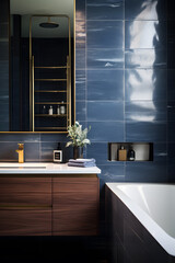 Poster - Modern luxury bathroom interior in navy blue and gold colors