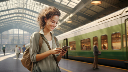 Travel by train. Smiling young caucasian woman dressed in summer clothes looking at her smartphone at a train station