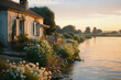 © ADDICTIVE STOCK - Riverside cottage retreat at golden hour. Generative AI image