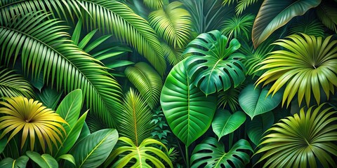 Tropical botanical background featuring lush green palm leaves and exotic tropical plants, nature, plant, summer, leaves, exotic, tropics, green, botany, palm, botanical, floral, design