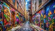 © wasan - A street alleyway covered in colorful graffiti designs and tags , urban, art, graffiti, vandalism, street, city, spray paint, wall, creative, colorful, underground, culture, expression
