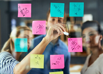 Poster - Business, hand or brainstorming with sticky notes on glass for planning sales project, strategy process or tasks. Collaboration, writing and employees in meeting for ideas, solution or goals schedule
