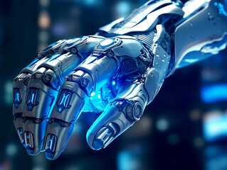 Aufkleber - Close-up of a robotic hand, detailed cybernetic design, against a blurred blue bokeh background, representing futuristic technology. Generative AI