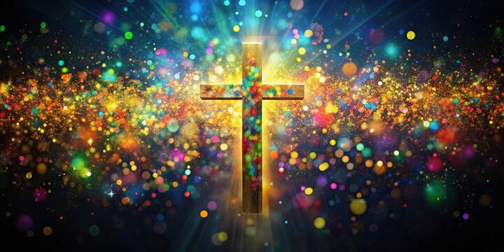 of a cross with colorful specks around it, perfect for Christian narratives, cross, colorful, Christian, religion, spiritual, faith,symbol, church, belief, divine, sacred, holy, peaceful