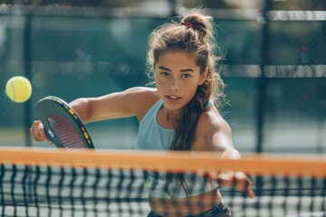 Active young woman engaging in pickleball match on court