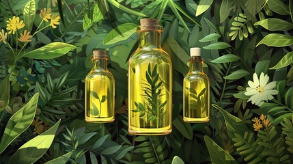 Sticker - Close-up of three glass bottles filled with plant oils and extracts, surrounded by vibrant green leaves and flowers. Generative AI