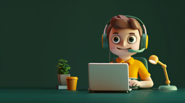 3D cartoon IT specialist character with a laptop and headset, isolated on green background with space for copy
