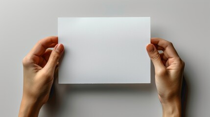 Wall Mural - Close-up of two hands holding a blank card against a neutral background, ideal for customizable messages, designs, or presentations.
