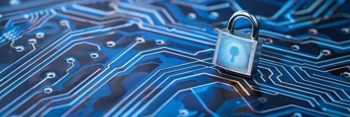 Canvas Print - Creating a wide banner design for a secure connection or cybersecurity service concept - closeup of the motherboard of a compute system with a lock in place and a login and connecting verification of