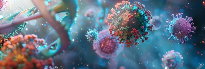Poster - The wide banner hologram of DNA genome sequencing biotechnology is used in medical pharmaceutical research to cure blood cells and viruses