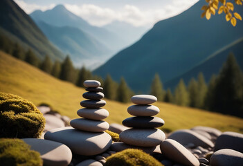 Stack of zen stones against a beautiful mountain landscape background. Rest and relaxation concept