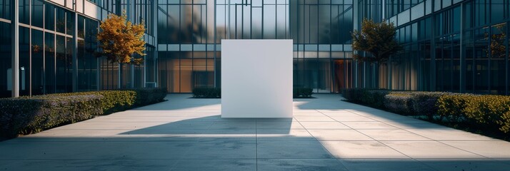 Poster - Mockup of a white cube design street public space signboard at a building's entrance used for corporate branding or commercial posters clean wall billboard