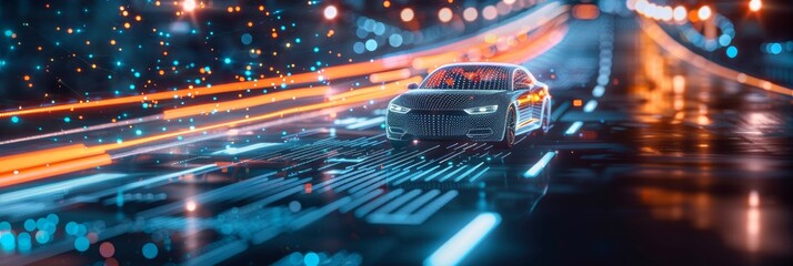 Aufkleber - In this wide banner, we show futuristic vehicles on a highway with a full self-driving system active for transportation autonomy concepts.