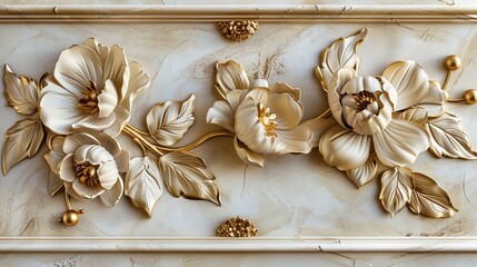 Poster - there is a gold texture with floral pattern in an elegant japanese style with japanese icons and dec