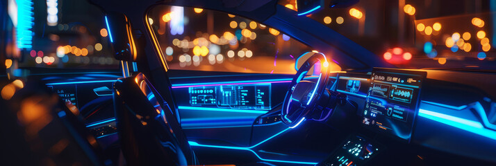 Fototapete - Autonomous futuristic car dashboard with hologram screens and infotainment system on a wide banner - Generative AI