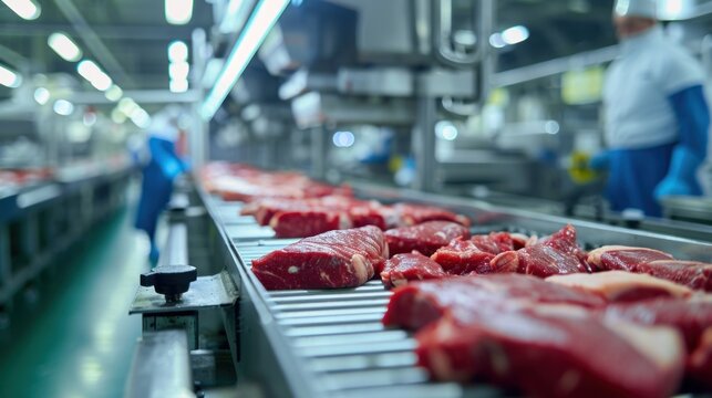 Production line in the food factory.Factory for the production of food from meat.Industrial equipment at a meat factory.Automated production line in modern food factory.People working.