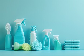 Poster - A variety of cleaning products displayed on a table, suitable for use in offices, homes, or commercial spaces