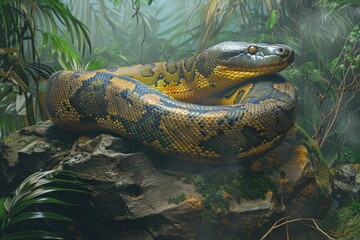 Poster - A large snake sitting on top of a rock in a natural environment, suitable for use as a background or element in outdoor or wildlife-themed designs