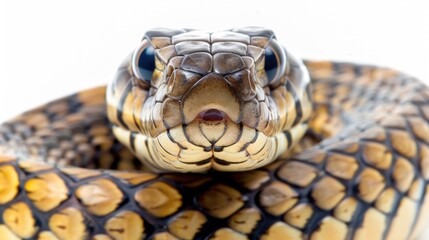 Poster - A close up view of a snake's head on a white background, perfect for use in nature or animal-related contexts