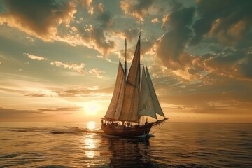 Poster - A sailboat glides across the calm ocean waters as the sun sets in the background, providing a serene and peaceful atmosphere