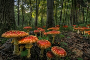Poster - Mushroom growth in a dense forest, showcasing vibrant red and yellow colors