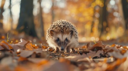 Poster - A hedgehog is seen walking through fallen leaves in a forest, great for autumn or nature-themed projects