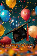Canvas Print - A graduation cap surrounded by colorful balloons and confetti, perfect for congratulatory messages or academic achievements