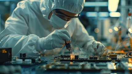 Poster - A person in a lab coat tinkering with a circuit board, perfect for technology and innovation related content