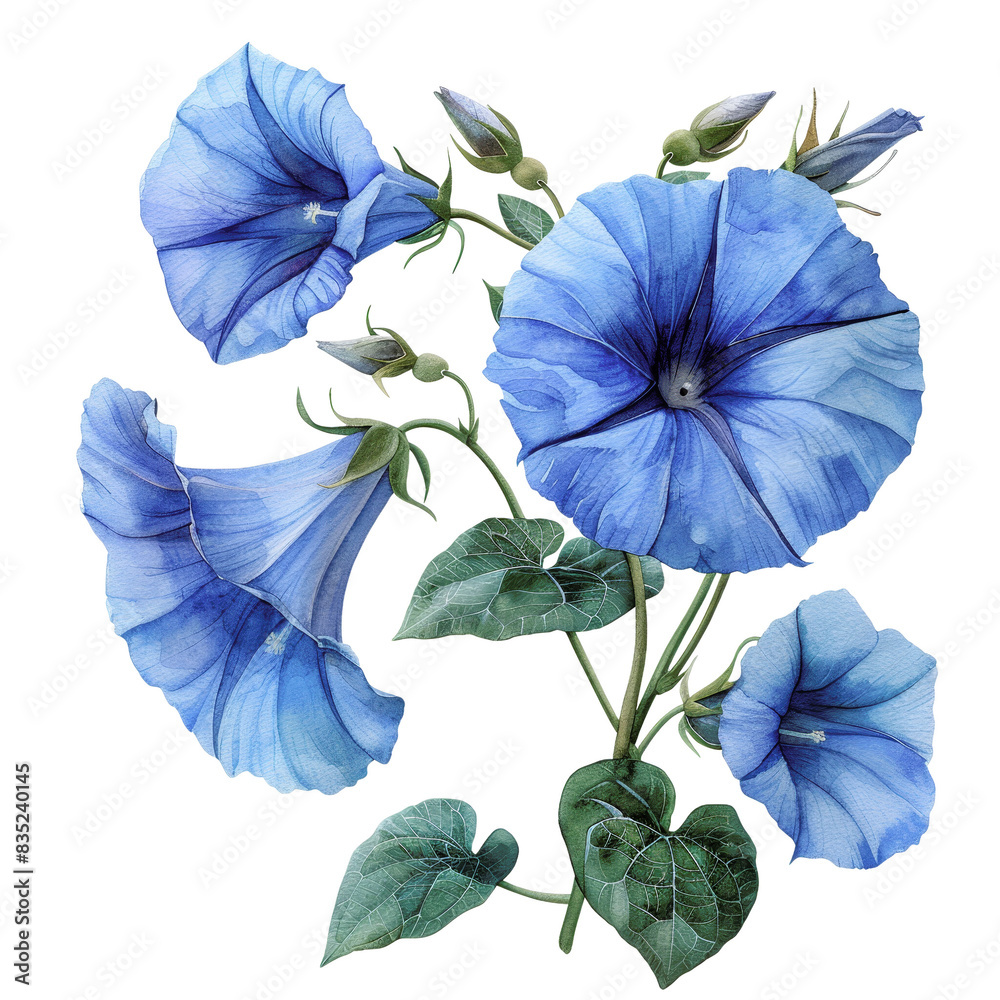 Vibrant illustration of blue morning glory flowers with green leaves ...