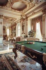 Poster - A pool table in a room filled with various pieces of furniture, suitable for use in a home or office