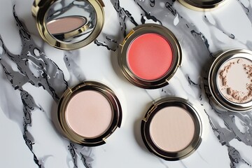 Poster - Close-up of compact cases containing powder and blush arranged on a marble surface. Generative AI
