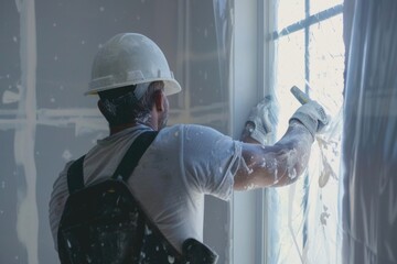 Poster - A person wearing a hard hat and holding a hammer, often used for construction or DIY projects