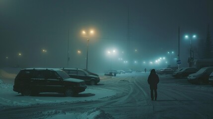 Wall Mural - A person walking alone on a snowy street under the moonlight, with snowflakes gently falling around them