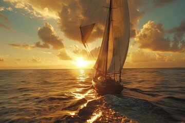 Poster - A sailboat glides across the ocean as the sun sets in the distance, creating a warm and inviting atmosphere