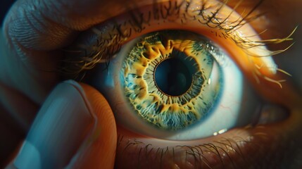 Poster - A close-up shot of a person's eye with their finger touching the eyelid, great for illustration or design purposes