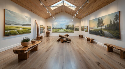 A serene, nature-inspired art gallery showcasing landscape paintings and wooden sculptures under soft, natural light from skylights.